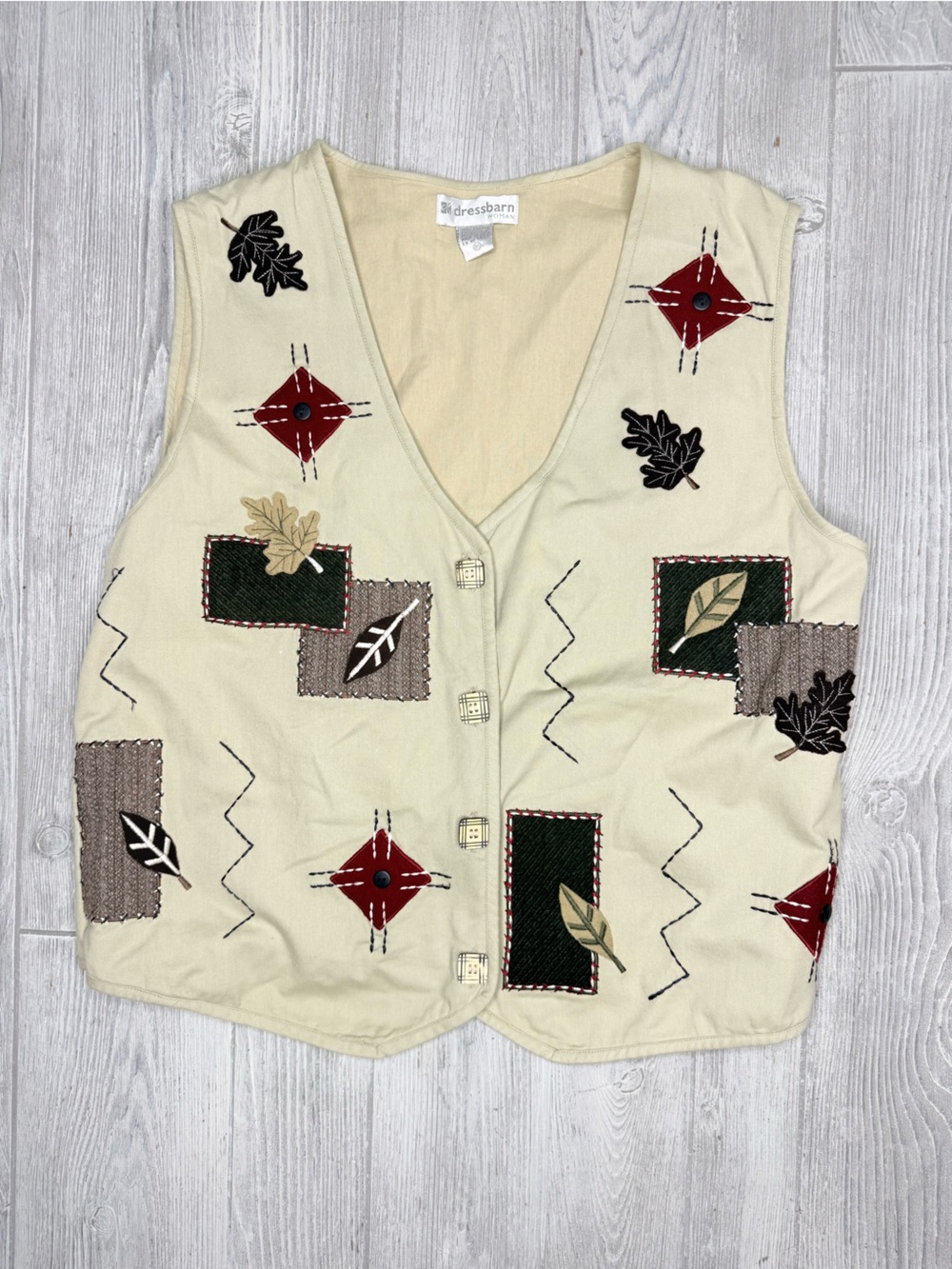 Dress barn women’s sleeveless wooden bottom front fall appliqué vest shirt 3x